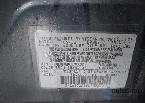 2013 Nissan Sentra Sl from USA, damaged, VIN 3N1AB7AP3DL732850